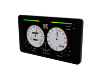 Angled view of the RDM-7 7-inch digital dash showing a twin round-gauge layout